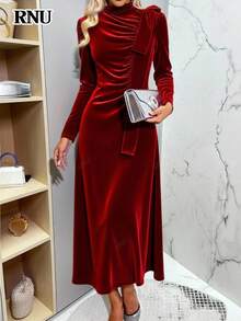 RNU Đầm maxi nhung màu đỏ tía trơn dành cho nữ, cổ cao, nơ lớn, trang phục thanh lịch cho quý cô, mùa thu/đông, đầm dài xếp ly, thích hợp cho lễ hội, tiệc năm mới, hẹn hò, kỳ nghỉ, thường ngày, trang phục mùa thu, trang phục ngày Valentine, đầm sinh nhật màu đỏ, trang phục mùa đông, thời trang đa năng, thiết kế độc đáo, đầm maxi dài tay dáng chữ A thanh lịch dành cho khách dự đám cưới. - Màu Đỏ Sâu - Xem 8