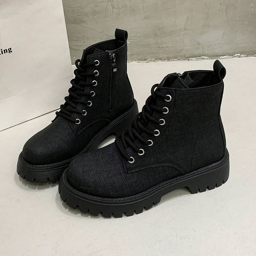 大码女式秋冬新款欧美风牛仔厚底靴,复古踝靴 - 黑色 - 查看 1