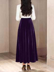 Women's Elegant Velvet Fabric A-Line Skirt, Autumn/Winter - Purple - View 3