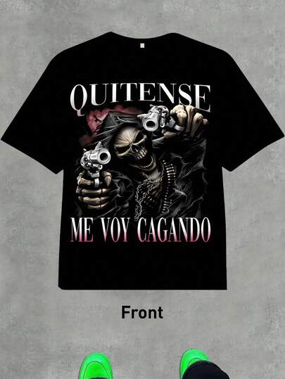 Camiseta gráfica de algodón para hombres Quitense - Impresión de calavera y armas audaz con texto "Me Voy Cagando", cuello redondo negro, esencial de streetwear, ajuste regular suave de manga corta, impresión digital vibrante para moda urbana hip hop y ropa casual de todo el año, camiseta hip hop, cuello redondo cómodo