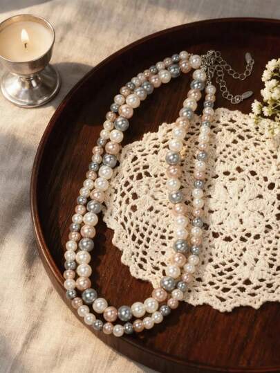 1件装多色珍珠项链，腮红灰白珍珠，现代优雅风格，适合女孩日常佩戴，百搭礼物。