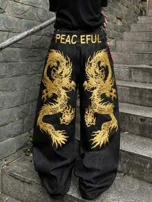 1件复古美式风格男士刺绣阔腿牛仔裤，个性化口袋，宽松休闲牛仔裤（不含腰带和配饰） - 黑色 - 查看 8