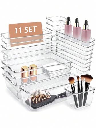 1 Stück/5 Stücke/7 Stücke/11 Stücke Plastik Badezimmer Schublade Aufbewahrungsbox Set, transparente Plastik Schublade Aufbewahrungsbox Set, transparente Schublade Aufbewahrungsbox Set, Schubladeneinteilung, Kosmetikaufbewahrungsbox, multifunktionale Kosmetik, Hautpflegeprodukte, Schreibwaren, Kleinigkeiten Aufbewahrungsbox, geeignet für Badezimmer Schminktisch, Küche, Büro, Schlafzimmer, Schulmaterial, Haushaltsbedarf, Must-Have für die