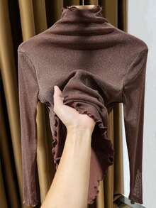 性感透视网纱长袖蕾丝边衬衫内搭上衣，女士休闲春季款 - 咖啡棕 - 查看 3