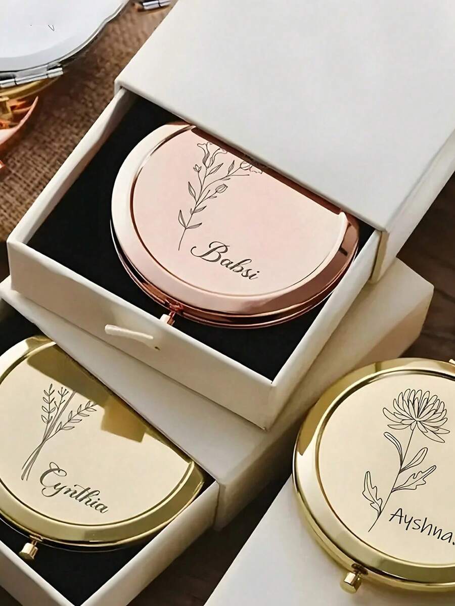 1 pieza Espejo compacto personalizado grabado en acero inoxidable, decorado con un patrón de flor de cumpleaños - Nombre personalizable, adecuado para mujeres, damas de honor, bodas, cumpleaños, Navidad, espejo de bolsillo elegante y portátil, regalo personalizado | Espejo de bolsillo exquisito | Accesorio grabado, cómodo y fácil de usar