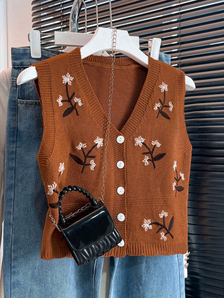 V-Neck Contrast Color Floral Embroidery Single-Breasted Casual Knit Vest, Spring/Summer - Orange-brown - View 1
