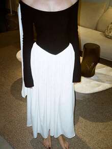 Hot  Off The Shoulder Long Sleeve Contrast Color Stitching Dress Chic Fashion Evening Party Holiday Casual Outfit - 白色 - 查看 5