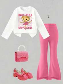Young Girl Casual Letter & Cartoon Graphic Crew Neck Sweatshirt And Flare Pants Set, Autumn - White - View 1