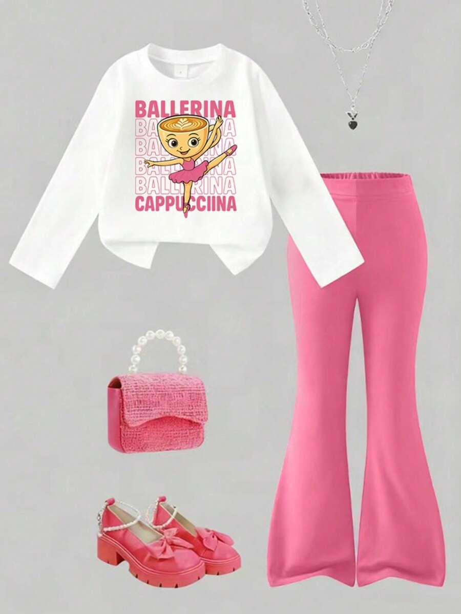 Young Girl Casual Letter & Cartoon Graphic Crew Neck Sweatshirt And Flare Pants Set, Autumn - White - View 1