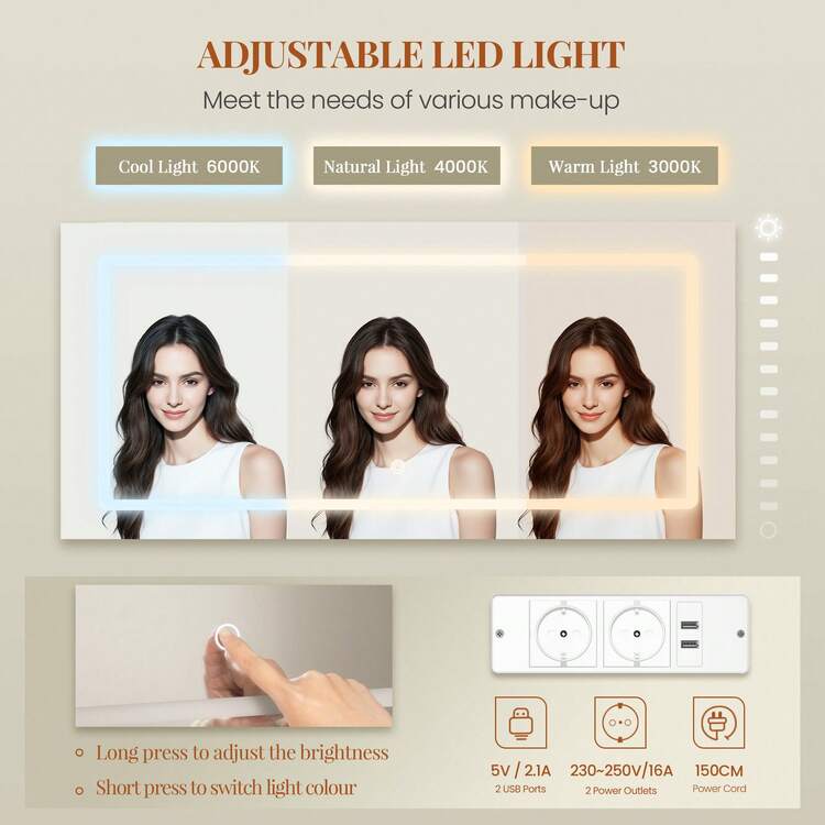 HEXCELEN 135cm Toeletta Trucco con Specchio, Toeletta con LED e Prese, Grande Tavolo da Trucco con Supporto Per Asciugacapelli, 8 Cassetti e Ripiani Aperti, Moderno, Bianco-Argento - Spina tipo E UE (220-240 V) - Visualizzare 5