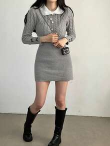 学院风蝴蝶结针织连衣裙，收腰设计，修身剪裁，彼得潘领，迷你裙 - 灰色 - 查看 2