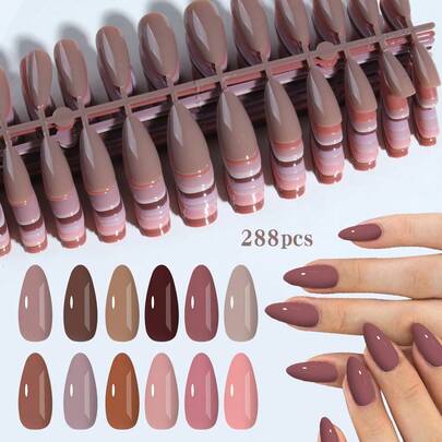 288 piezas (12 colores) Pegatinas de uñas con forma de almendra brillante marrón, ajuste perfecto, fácil de usar, adecuado para el trabajo diario, fiestas y otras ocasiones de las mujeres, suministros para uñas