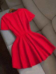 V领短袖连衣裙，双排扣收腰喇叭裙，优雅修身迷你连衣裙，适合办公室穿着。 - 紅色 - 查看 3