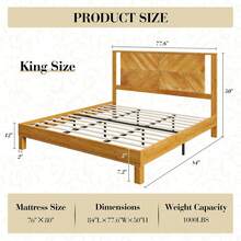 Queen/King Size Solid Wood Bed Frame With Unique Herringbone Pattern Headboard, Rustic Minimalism Retro Style Platform Bed With Wood Slats Support, No Box Spring Needed, Easy Assembly - 淺棕色 - 查看 3