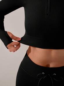 NcmRyu 女士罗纹高领半拉链短款瑜伽普拉提跑步健身舞蹈锻炼长袖上衣 - 黑色 - 查看 4