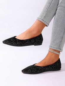 Women's Elegant College Style Basic Rhinestone Pointed Toe Suede Flat Soft Bottom Fashionable Versatile Slip-On Loafers, Suitable For Party And Holidays - Black - View 2