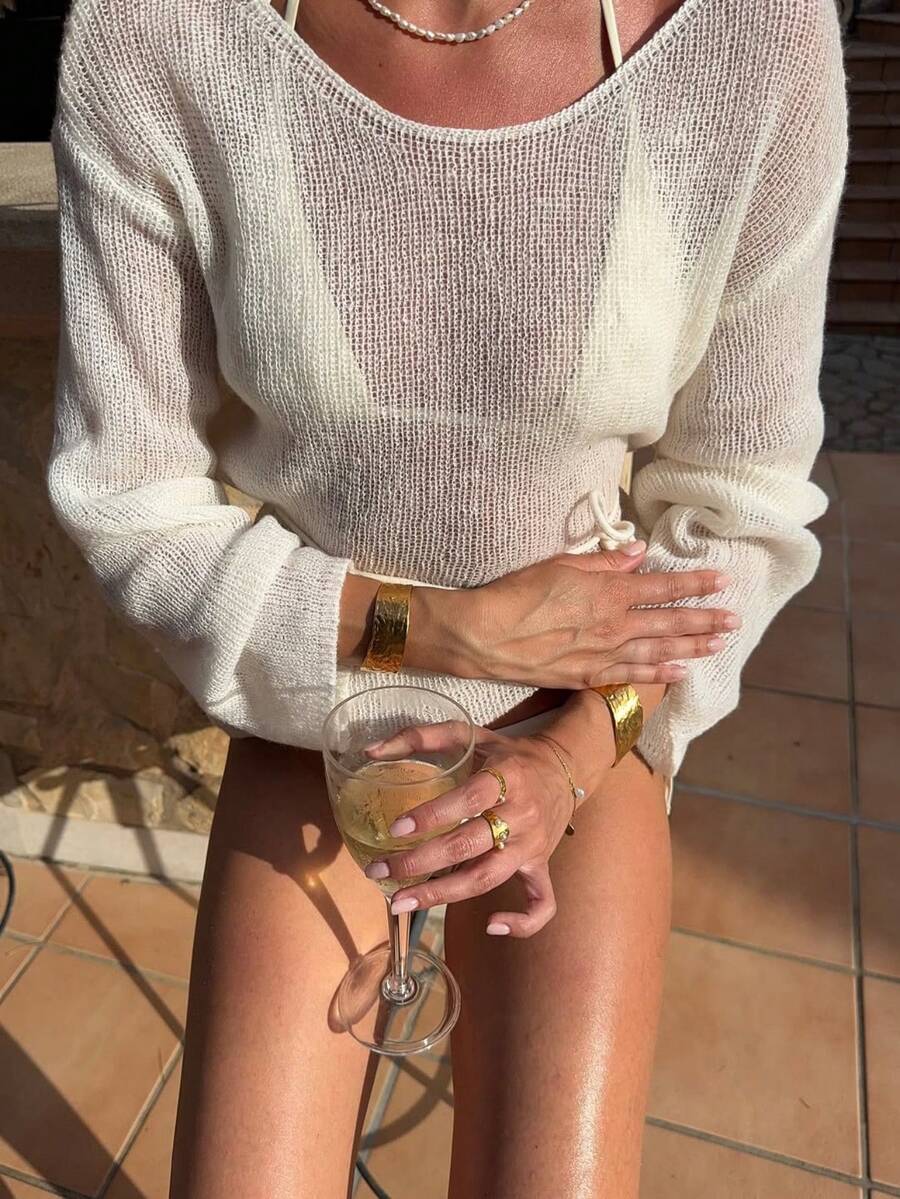 VIBEWAVE Women's Loose Knit Sweater With Tie, See-Through Round Neck Long Sleeve Pullover - Beige - View 1