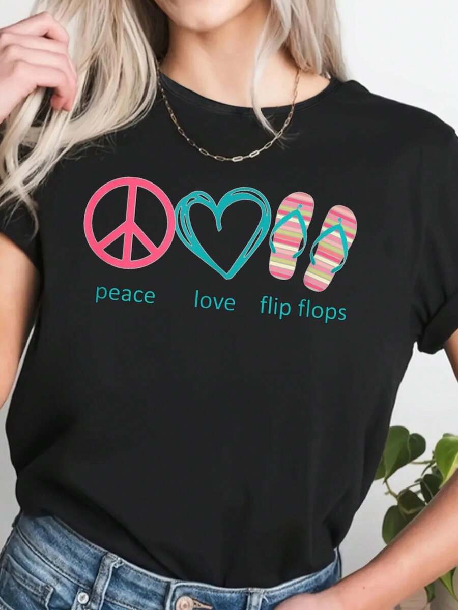 Summer Shoe Peace Love Flip Flops Sandy Toes Beach Lifestyle T-Shirt - Black - View 1