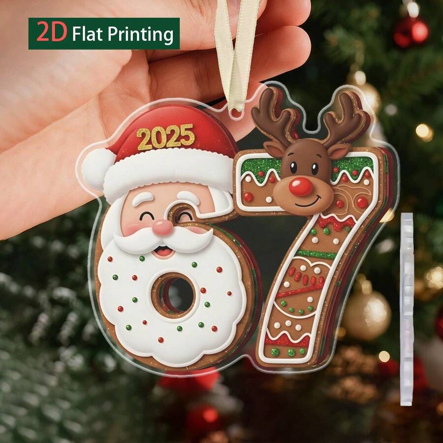2D Flat, 1 Pack 2005 Santa Claus Reindeer Gingerbread, Number 67 Acrylic Hanging Decoration - 2D Flat Christmas Tree Decoration With Red And Striped Socks, Daisy And Candy Cane, Durable Non-Electric Pendant, Suitable For Home, Car Or New Year Party Decoration (El Not Included) - Numbers Six and Seven, Acrylic Decorative Items - View 1