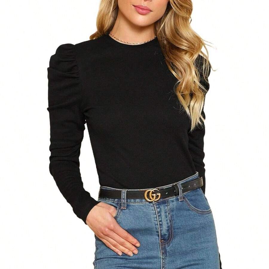 Remidoo Women's Solid Round Neck Puff Long Sleeve Shirt Tops - XL + negro - Ver 1