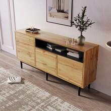 Modern Wooden Sideboard With Three Doors And Shelves, 160 X 35 X 76 Cm, Easy Assembly, Space-Saving Design, Sturdy And Reliable. - Natural Color - View 8