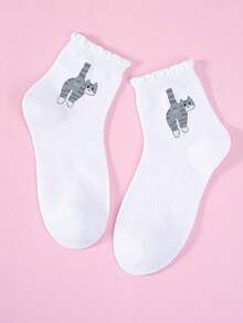 1/2/5 Pairs Cat Bell Pattern Casual Mid-Calf Socks, Ruffled Hem, Bubble Opening, Women Funny Cute Summer New Creative Abstract Cat Socks, Cute Cat, Egg-Shaped Bell Pattern Funny Boat Socks, Suitable For Summer Wear, 3D Cat Egg-Shaped Socks, Mid-Calf Socks, Cute Funny Cats - Comfortable Breathable, Suitable For Indoor And Outdoor Wear - Pink - View 7