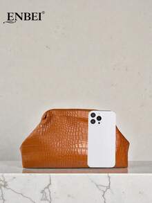 ENBEI BAIZE 优雅棕色鳄鱼皮手拿包 - 大容量化妆包，女士钱包，秋冬新款，耐用，多功能钩编包，优雅女士钱包，适合日常使用和节日场合，母亲节礼物，婚礼季纪念品，圣诞礼物 - 棕色 - 查看 4