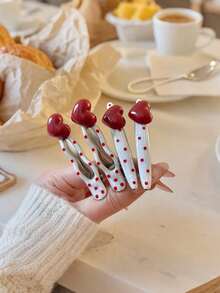 4个复古红色爱心波点发夹，优雅侧刘海夹，时尚鸭嘴夹发饰 - 彩色 - 查看 5