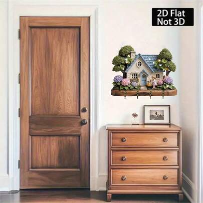 Wall Mounted Cottage Key Holder Creative 2D Wooden Decorative Key Hanger For Wall Home Kitchen Office