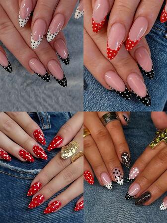 Instantly Upgrade Your Look With 96pcs Almond Shape Press On Nails Set Vintage Fashion Black And White Contrast Polka Dot Pattern French Charm Burgundy Solid Color French Dot Pattern Wearable Nail Set Elegant Autumn Winter Brown Base Black And White Dot Design Press-On Nails Full Coverage Fake Nail Tips For Women And Girls Includes 4 Sheet Adhesive Tabs &4 Pc Mini File Strip Jelly Gel Random Shipment
