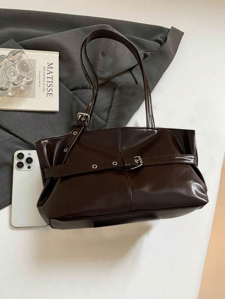 1pc Vintage Large Capacity Tote Bag, Commuter Oversized Underarm Bag, Fashionable Motorcycle Handbag For Women, PU Solid Color Oiled Wax Leather, Strap Decor, Zipper Closure, Ladies Shoulder Bag For Work, School, Travel, Shopping, Business, Suitable For Daily Use - Coffee - View 3
