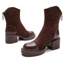 Damskie krótkie botki na jesień/zimę 2025, stylowe, francuskie, retro, skórzane i aksamitne, krótkie botki, modny zamek błyskawiczny z tyłu, uniwersalne, dopasowane, eleganckie - Brązowy - Zobacz 6