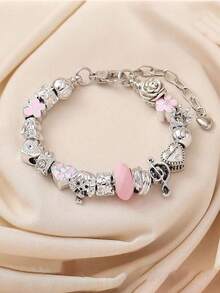Minimalist Fashionable Pink Love Flower Pearl Crystal Multi-Element DIY Bracelet, Cute Girl Bow Daisy Insect Bracelet, Suitable For Daily, Festivals, Sweet Gifts For Girlfriends, Best Friends, New Year, Valentine's Day, Ramadan - Pink - View 3