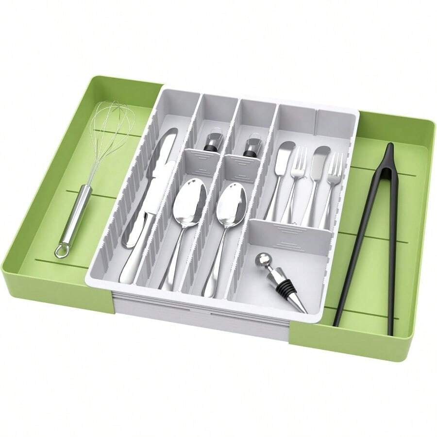 XZGB Silverware Drawer Organizer DIY Customize Expandable Utensil Tray For Kitchen Upgraded Flatware Cutlery Holders Adjustable Plastic Tableware Storage For Spatula Spoons Forks Knives Green - 綠色 - 查看 1