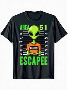 1 Pcs Men's Area 51 Alien Pattern T-Shirt - Black With Green Escape Design - Soft Breathable Cotton Crew Neck T-Shirt - Regular Fit Casual Shirt, Suitable For UFO Conspiracy Theorists And Halloween Costumes - Everyday And Special Occasion Clothing, Alien T-Shirt, Pop Culture Clothing, Medium Stretch Fabric, Street Fashion, Durable Structure, Short Sleeve Top, Alien Fans 180g 100% Cotton - 規格 - 查看 1
