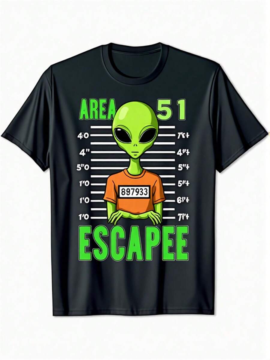 1 Pcs Men's Area 51 Alien Pattern T-Shirt - Black With Green Escape Design - Soft Breathable Cotton Crew Neck T-Shirt - Regular Fit Casual Shirt, Suitable For UFO Conspiracy Theorists And Halloween Costumes - Everyday And Special Occasion Clothing, Alien T-Shirt, Pop Culture Clothing, Medium Stretch Fabric, Street Fashion, Durable Structure, Short Sleeve Top, Alien Fans 180g 100% Cotton - 規格 - 查看 1