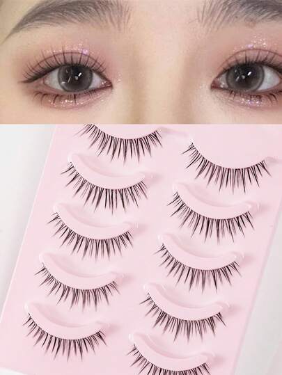 5pairs Full Strip Style False Eyelashes - Natural Curl, Thick, Long, Soft, Crossed, Winged, Thin Black Band But Not Scratchy, Charming Cartoonish Looking, Reusable, Suitable For Daily Life, European And American Style, Portable, Easy To Apply Strip Lashes, Lashes, Eyelashes, Fake Lashes
