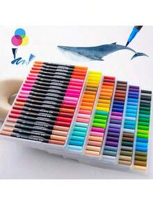 二合一可水洗双头毛笔，软头马克笔，黑色笔杆，PVC盒装，水彩笔套装