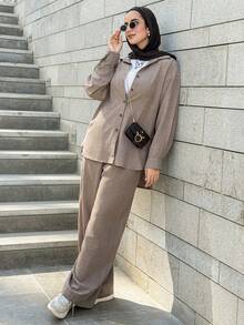 DAZY 女士西式度假沙滩纯色仿牛仔亚麻宽松休闲两件套，春季简约时尚家居服套装 - 咖啡棕 - 查看 2