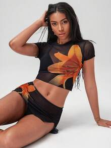 4件套/组，圣诞节、新年、情人节服装，性感优雅显瘦定位印花图案，精细网纱面料短袖上衣，欧美时尚，度假海滩和游泳池，休闲郊游海边派对奢华比基尼套装，可拆卸泳衣胸垫 - 彩色 - 查看 5