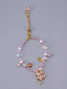 1条甜美粉色串珠心形花朵手链，时尚小众可调节女士手链 - 粉色 - 查看 5