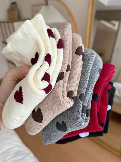 3 par tjocka och varma hjärtmönster strumpor till mitten av vaden för kvinnor, mjuka och bekväma, lämpliga för höst/vinter, slumpmässiga färger