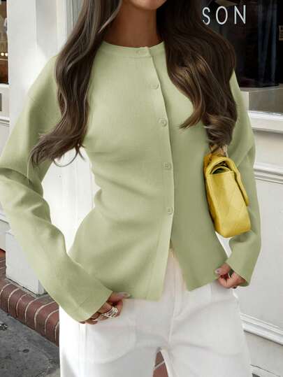 Live To Mo Spring Break Outfit - Green Long Sleeve Button-Up Cardigan, Casual Y2K Style. Suitable For Valentine's Day, Outings And Everyday Wear.