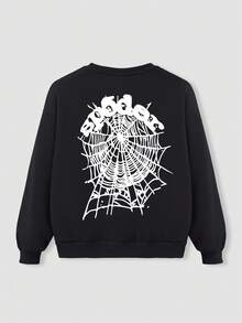 Boys' cotton black drop-shoulder sweatshirt, street-style cool spider web pattern top, loose-fitting casual sweatshirt, thick fabric warm round-neck sweatshirt for autumn and winter, leeren's flee-Crena's flee-d leeaut.com - 黑色+杏色+花灰色 - 查看 4