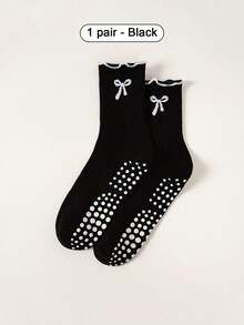1/2 Pair Pilates Socks, Professional Non-Slip Yoga Socks With Embroidered Bow, Dot Patterned Anti-Slip Socks For Women, Suitable For Home, Leisure, Aerobic Exercise, Soft Ribbed Knit Fabric, Wavy Hem + 3D Bow Embroidery - Multicolor - View 8