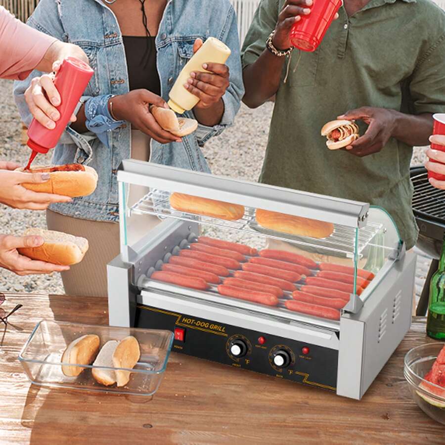 Hot Dog Roller 7 Rodillos 18 Hot Dogs Capacidad 1050W Acero inoxidable Salchicha Parrilla Cocina Máquina con doble control de temperatura Cubierta de vidrio Acrílico Calentador Estante Bandeja de goteo de aceite extraíble, certificado ETL - 7 rodillos - Ver 1