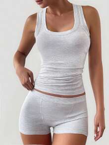 Women's Two Pieces Running Exercise Sports Leisure Home I-Vest And Tight Shorts Set - White - View 7