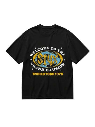 Camiseta gráfica Styx Grand Illusion 1978 para hombres - Camiseta casual negra de manga corta con de banda vintage, lavable aáquina, ajuste de cuello redondo, ropa de todas las estaciones, camiseta de estilo retro, textura suave, camiseta básica de algodón de alta calidad, duradera y a