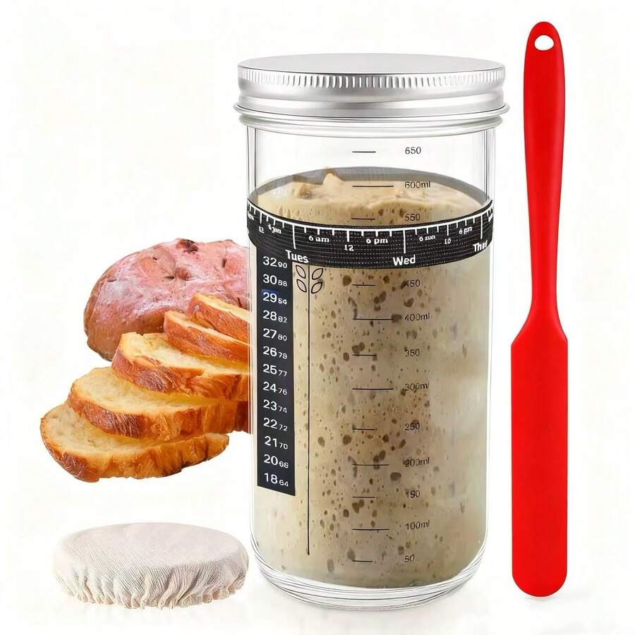 Sourdough Starter Kit, 24 Oz Large Capacity Sourdough Fermentation Jar With Aluminum Lid, Date Labeled Feeding Strip, Silicone Scraper, Cloth Lid And Thermometer Strip, Sourdough Container For Bread Making, Brewing Tools, Fermentation Tools, Reusable Sourdough Bread Baking Tools - - - View 1