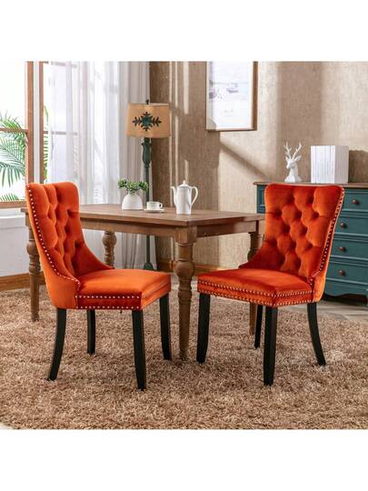 Moderne Dining Chairs, High End Tufted Solid Wood, Contemporary Fluwelen Upholstered Piece Studded Wooden Legs, Orange, Blue. view 3